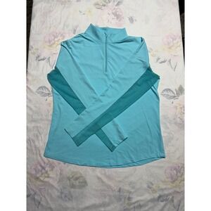 Ibkul Cool Feel 1/4 Zip Pullover Womens L Aqua UPF 50+ Gingham Stretch Mesh Dri